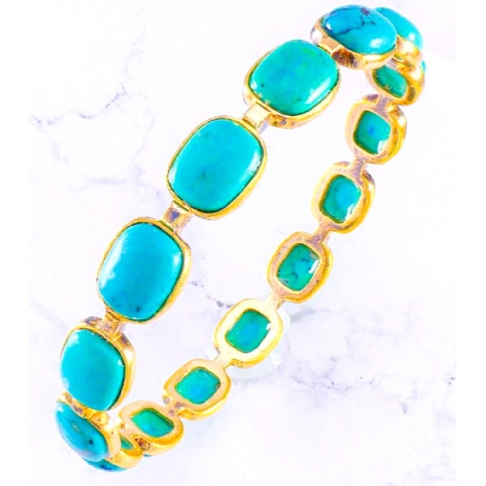 Gold Over Sterling Silver 10mm Wide Turquoise Southwestern Bangle Bracelet 7-¾